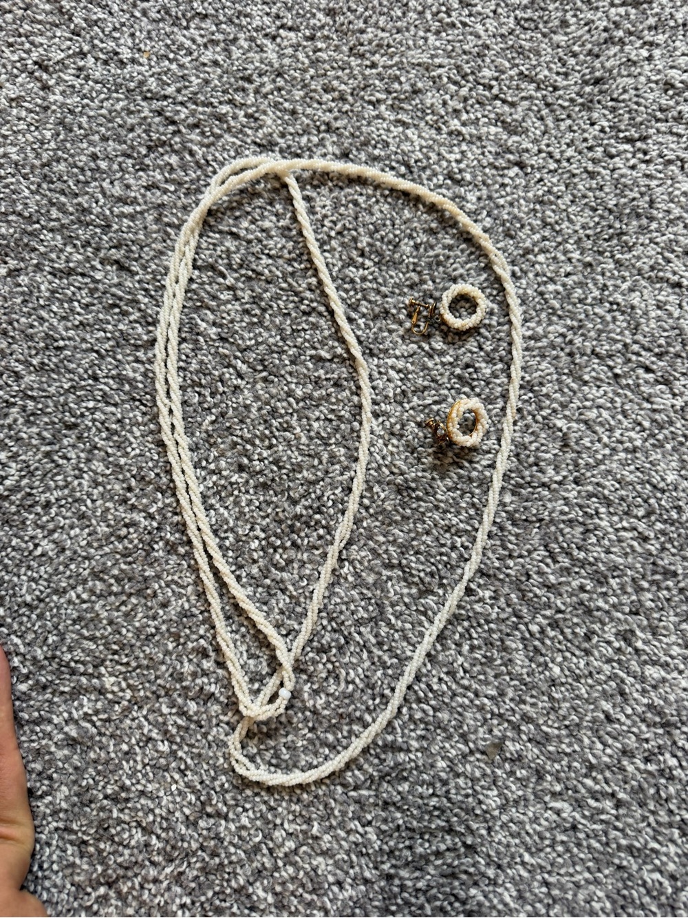 Cream Beaded Necklace and clip on Hoop Earrings Set Vintage Mid Century